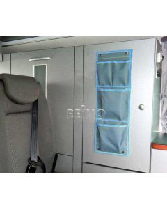 Car Organizer mit 2 großen und 2 kleinen Taschen, grau/blau. Druckknopf-Befestg.